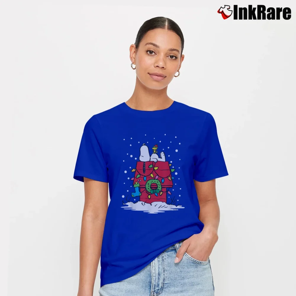 Women’s Peanuts Snoopy Christmas Lights Dog House Signature T-Shirt in royal blue | Soft, Flattering Fit