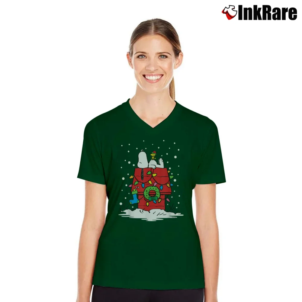 Women’s Peanuts Snoopy Christmas Lights Dog House V-Neck Tee in forest green | Chic Neckline, Soft Texture