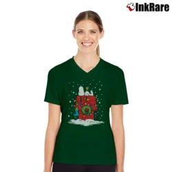 Women’s Peanuts Snoopy Christmas Lights Dog House V-Neck Tee in forest green | Chic Neckline, Soft Texture