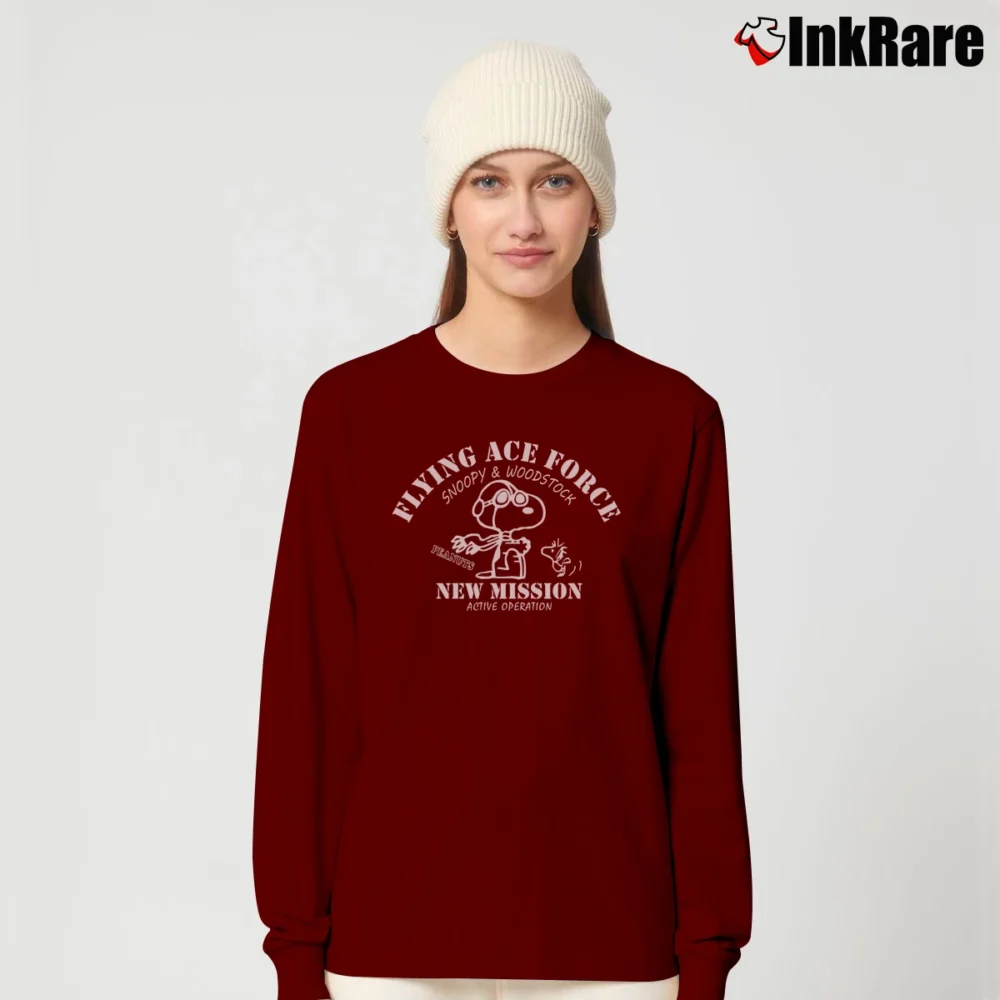 Women’s Peanuts Snoopy Flying Ace Force Snoopy And Woodstock Long-Sleeve Top in maroon | Sleek, Versatile, All-Season