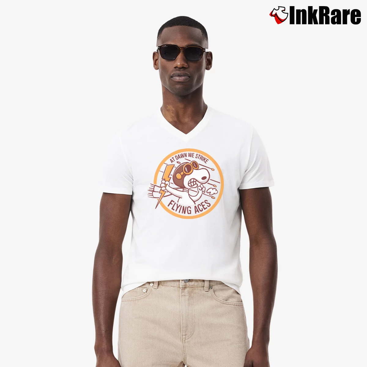 Men’s peanuts snoopy flying aces gang V-Neck Tee in white | Sharp, Breathable, Everyday Staple