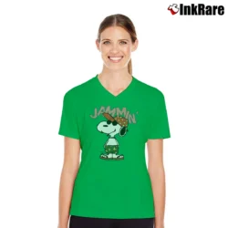 Women’s Peanuts Snoopy Jammin Yellow Classic V-Neck Tee in irish green | Chic Neckline, Soft Texture
