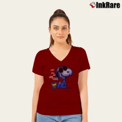 Women’s Peanuts Snoopy Just Call Me Joe Cool Cartoon V-Neck Tee in maroon | Chic Neckline, Soft Texture