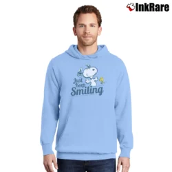 Men’s Peanuts Snoopy Just Keep Smiling Pullover Hoodie in light blue | Cozy, Durable, Modern Fit