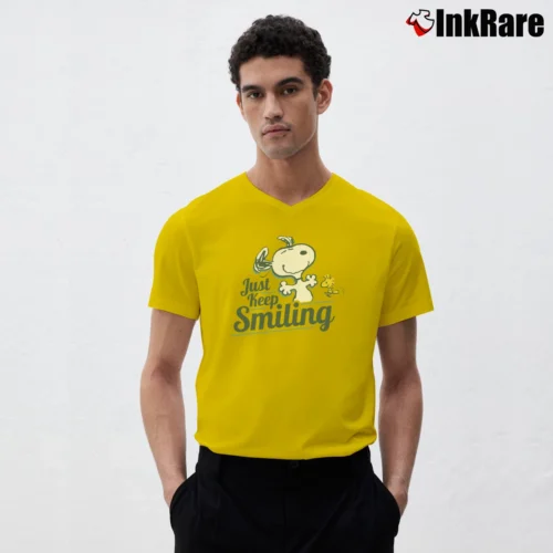 Men’s Peanuts Snoopy Just Keep Smiling V-Neck Tee in yellow | Sharp, Breathable, Everyday Staple