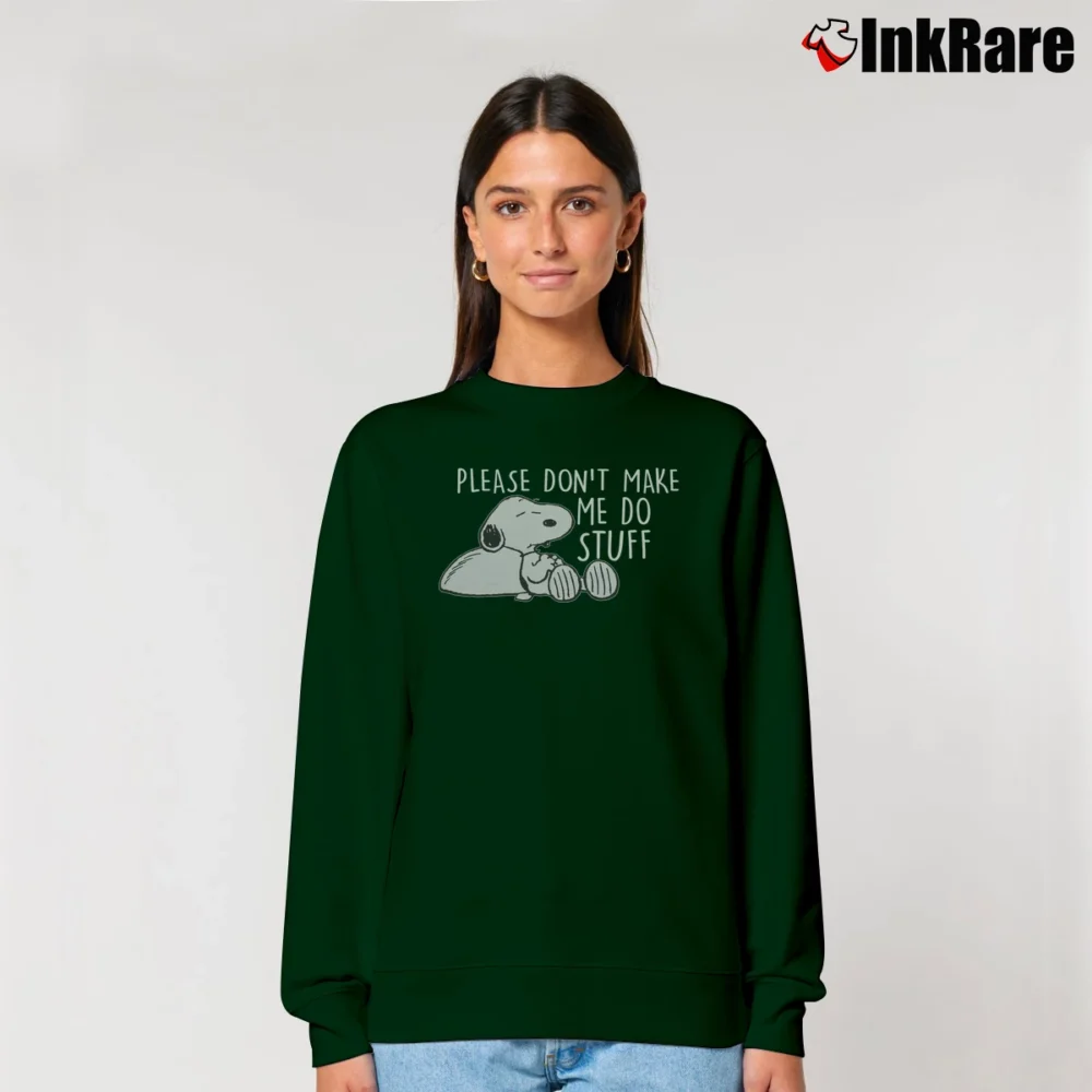 Women’s Peanuts Snoopy Please Don't Make Me Do Stuff Graphic Relaxed Sweatshirt in forest green | Soft, Laid-Back Vibe