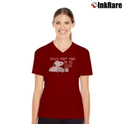 Women’s Peanuts Snoopy Please Don't Make Me Do Stuff Graphic V-Neck Tee in maroon | Chic Neckline, Soft Texture