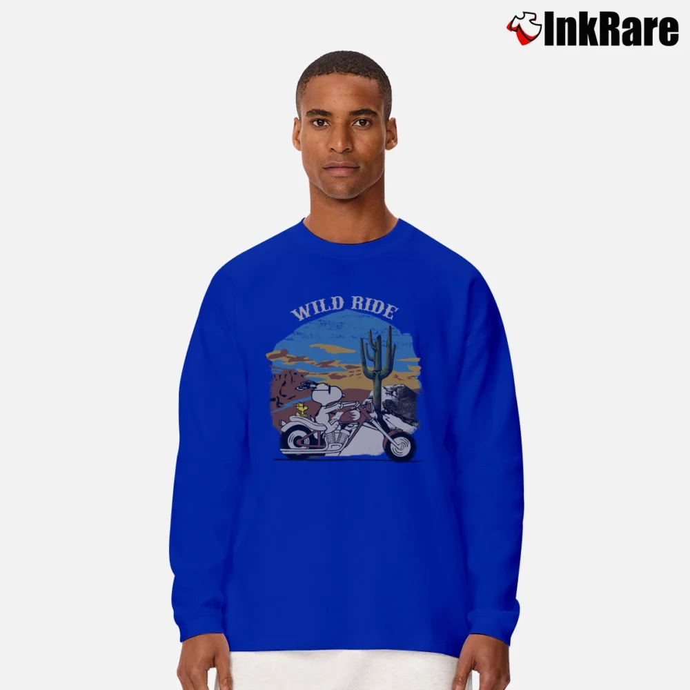 Men’s Peanuts Snoopy Woodstock Moto Wild Ride Long-Sleeve Shirt in royal blue | Sleek, Lightweight, Year-Round Wear