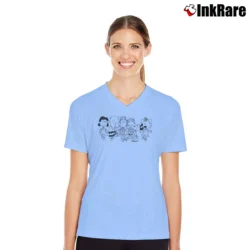 Women’s Peanuts Squad Snoopy Woodstock Linus Lucy V-Neck Tee in light blue | Chic Neckline, Soft Texture