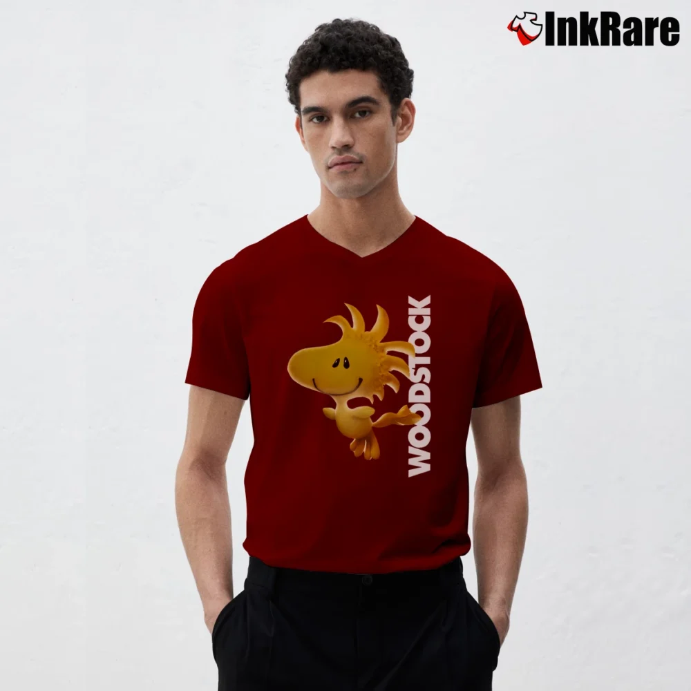 Men’s Peanuts Woodstock Cartoon V-Neck Tee in maroon | Sharp, Breathable, Everyday Staple