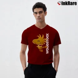 Men’s Peanuts Woodstock Cartoon V-Neck Tee in maroon | Sharp, Breathable, Everyday Staple