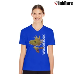 Women’s Peanuts Woodstock Cartoon V-Neck Tee in royal blue | Chic Neckline, Soft Texture