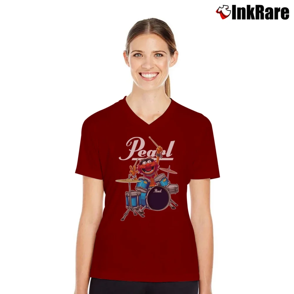 Women’s Pearl Drums Gritty Logo Music V-Neck Tee in maroon | Chic Neckline, Soft Texture