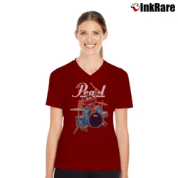 Women’s Pearl Drums Gritty Logo Music V-Neck Tee in maroon | Chic Neckline, Soft Texture
