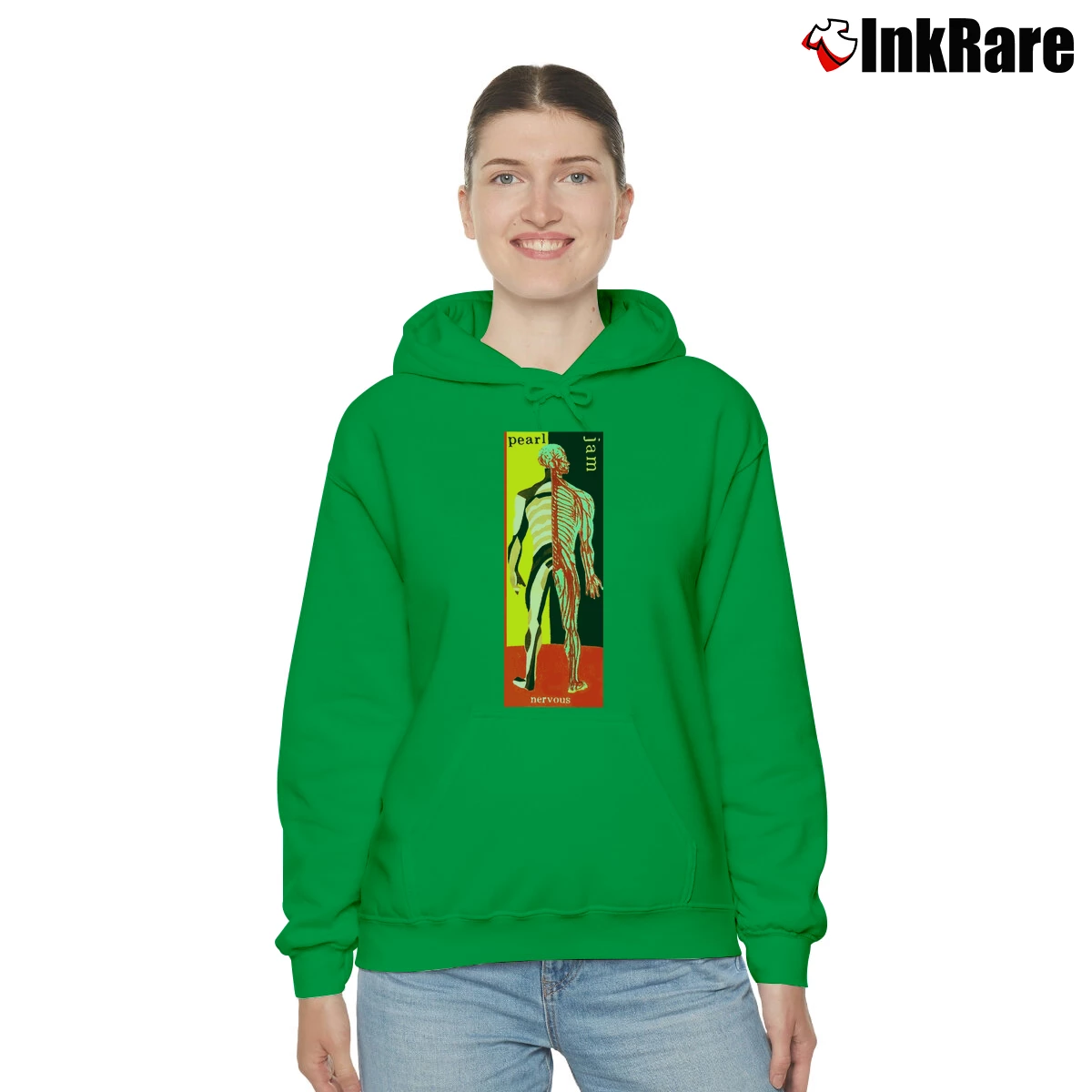 Women’s Pearl Nervous 1994 90s Grunge Alternative Rock And Roll Jam Band Seattle Sound Cozy Hoodie in irish green | Warm, Structured, Stylish