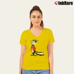 Women’s Pepe Le Pew Skunk Tuxedo Looney Tunes V-Neck Tee in yellow | Chic Neckline, Soft Texture
