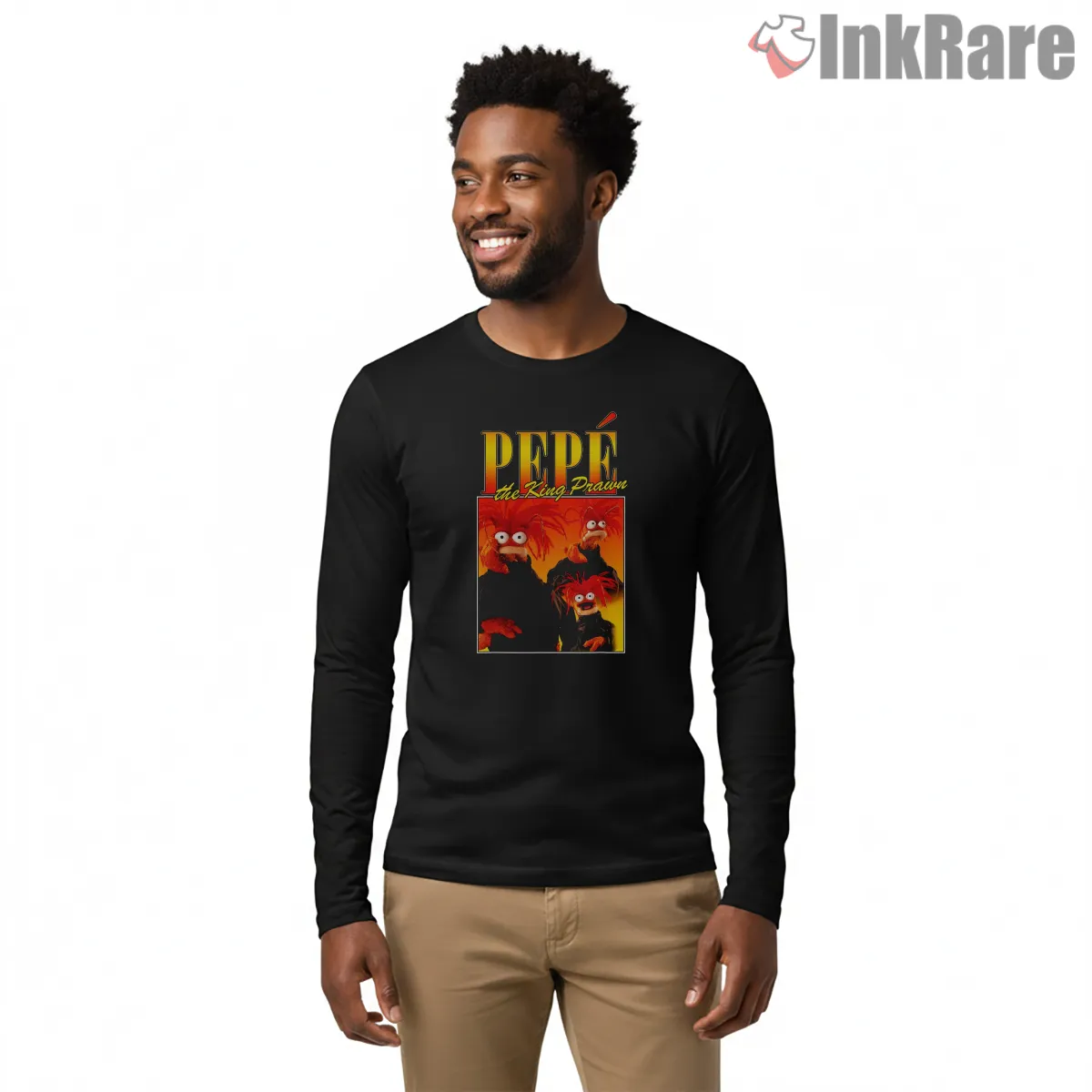 Pepe The King Prawn Bold Character Showcase Cartoon Long Sleeve Black Pepe The King Prawn Bold Character Showcase Cartoon Shirt on black long sleeve shirt for men graphic tee