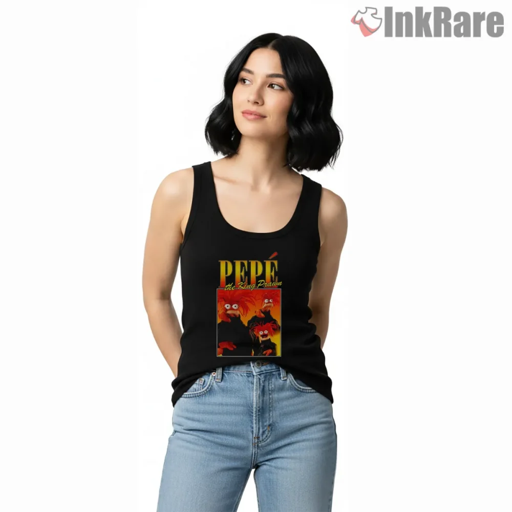 Pepe The King Prawn Bold Character Showcase Cartoon Shirt on black tank top for women graphic tee