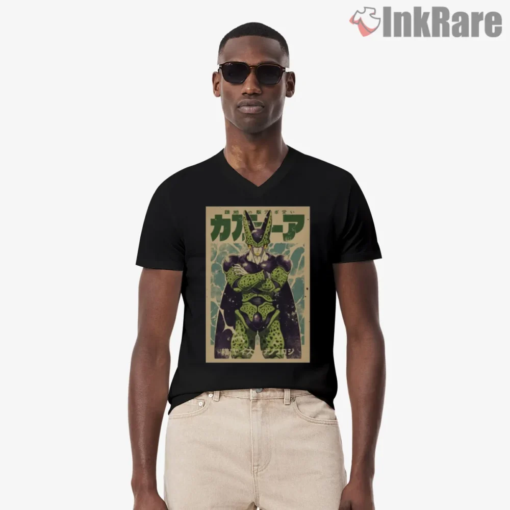 Perfect Cell Retro Poster Style Shirt on black v-neck shirt for men graphic tee