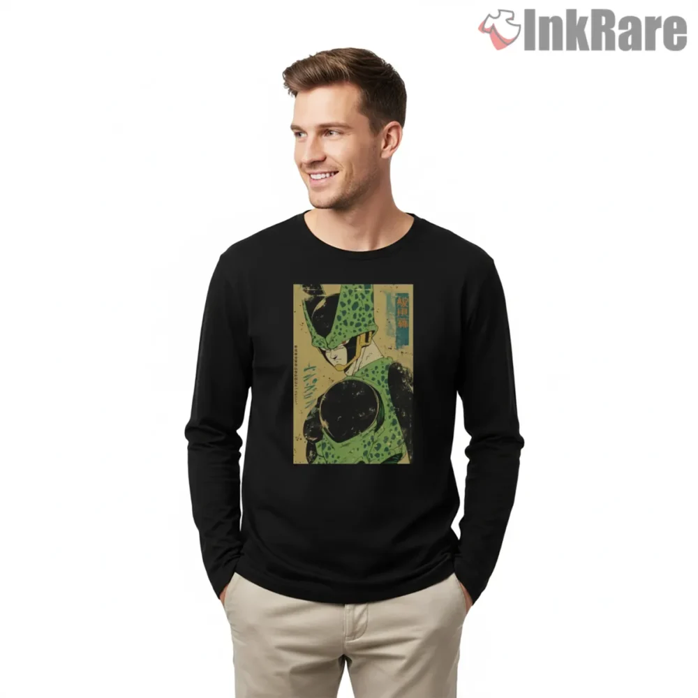 Perfect Cell Vintage Kanji Poster Texture Shirt on black long sleeve shirt for men graphic tee