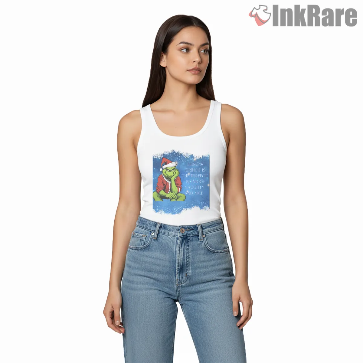 Perfect Grinch Blend Of Naughty And Nice Tank Top White Perfect Grinch Blend Of Naughty And Nice Shirt on white tank top for women graphic tee