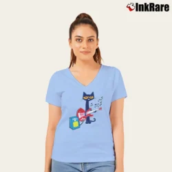 Women’s Pete The Cat Playing Guitar Graphic V-Neck Tee in light blue | Chic Neckline, Soft Texture