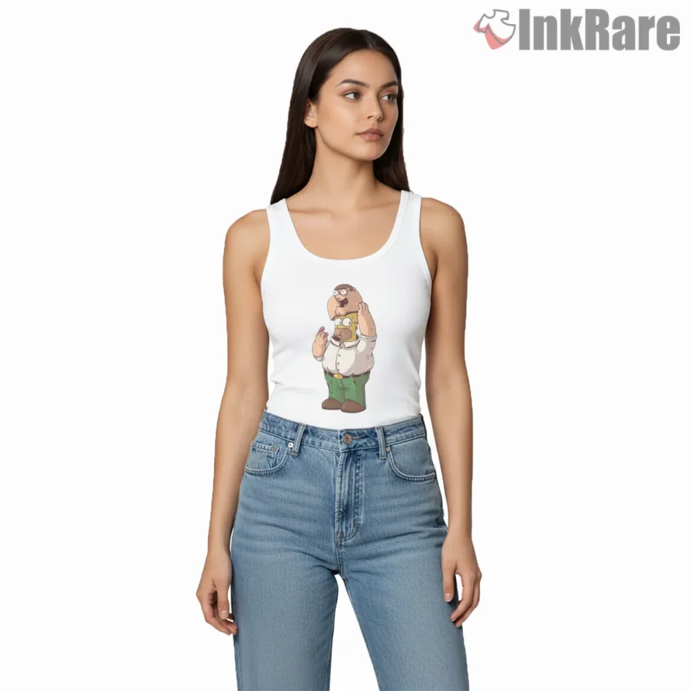 Peter Griffin Homer Suit Family Guy Simpsons Mashup Shirt on white tank top for women graphic tee