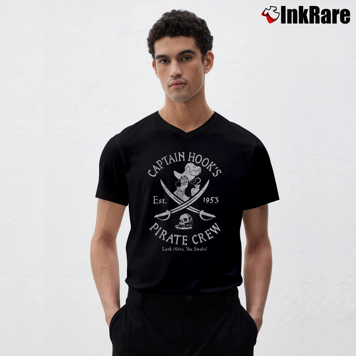 Men’s Peter Pan Captain Hook Pirate Crew Logo V-Neck Tee in black | Sharp, Breathable, Everyday Staple