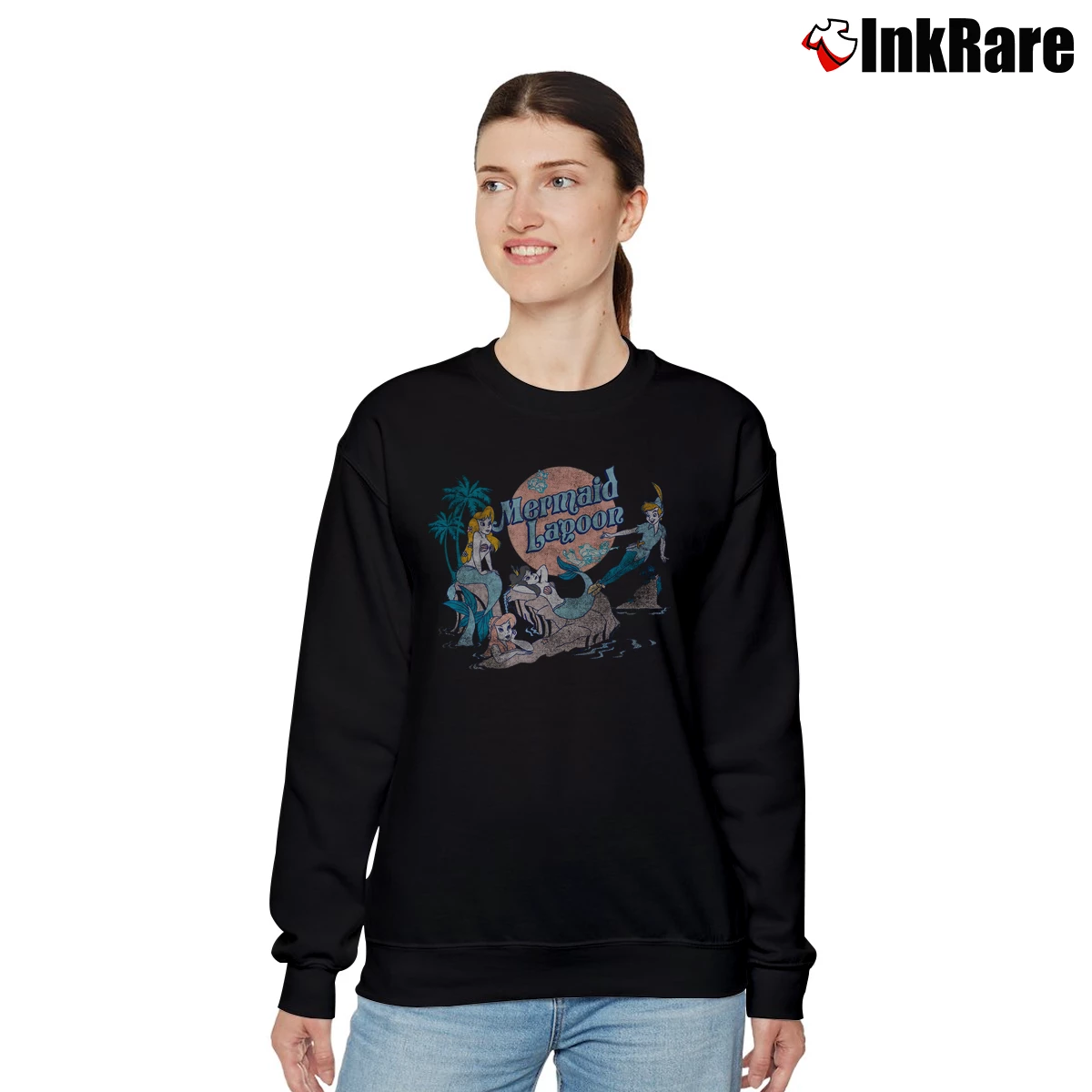 Peter Pan Distressed Mermaid Lagoon Women’s Relaxed Sweatshirt in black – Cozy Casual Women’s Peter Pan Distressed Mermaid Lagoon Relaxed Sweatshirt in black | Soft, Laid-Back Vibe
