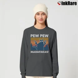 Women’s Pew Pew Madafakas Funny Cat Humor Long-Sleeve Top in charcoal | Sleek, Versatile, All-Season