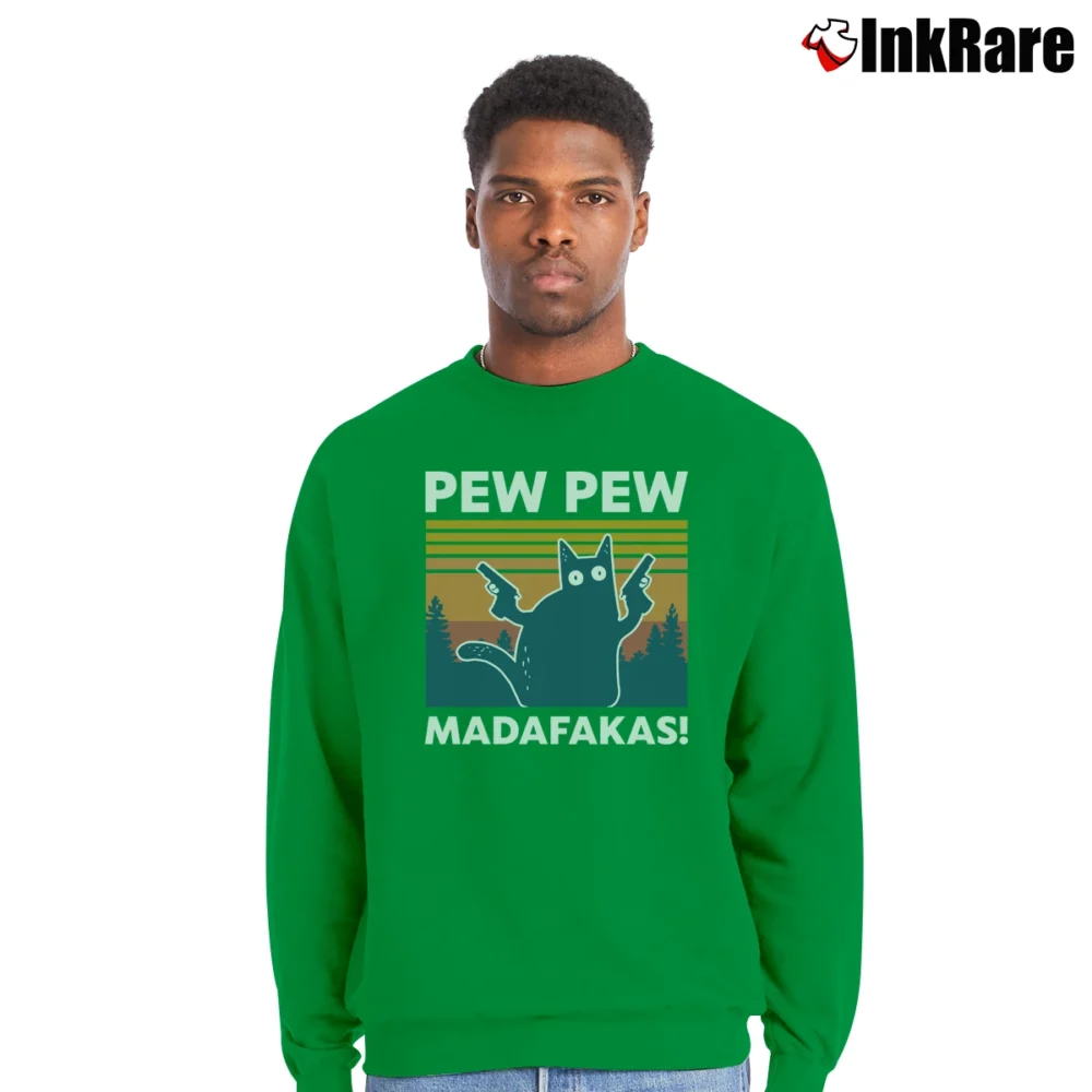 Men’s Pew Pew Madafakas Funny Cat Humor Crewneck Sweatshirt in irish green | Cozy Fabric, Clean Style