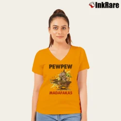 Women’s PewPew Madafakas Darth Vader Baby Yoda Funny Star Wars V-Neck Tee in orange | Chic Neckline, Soft Texture
