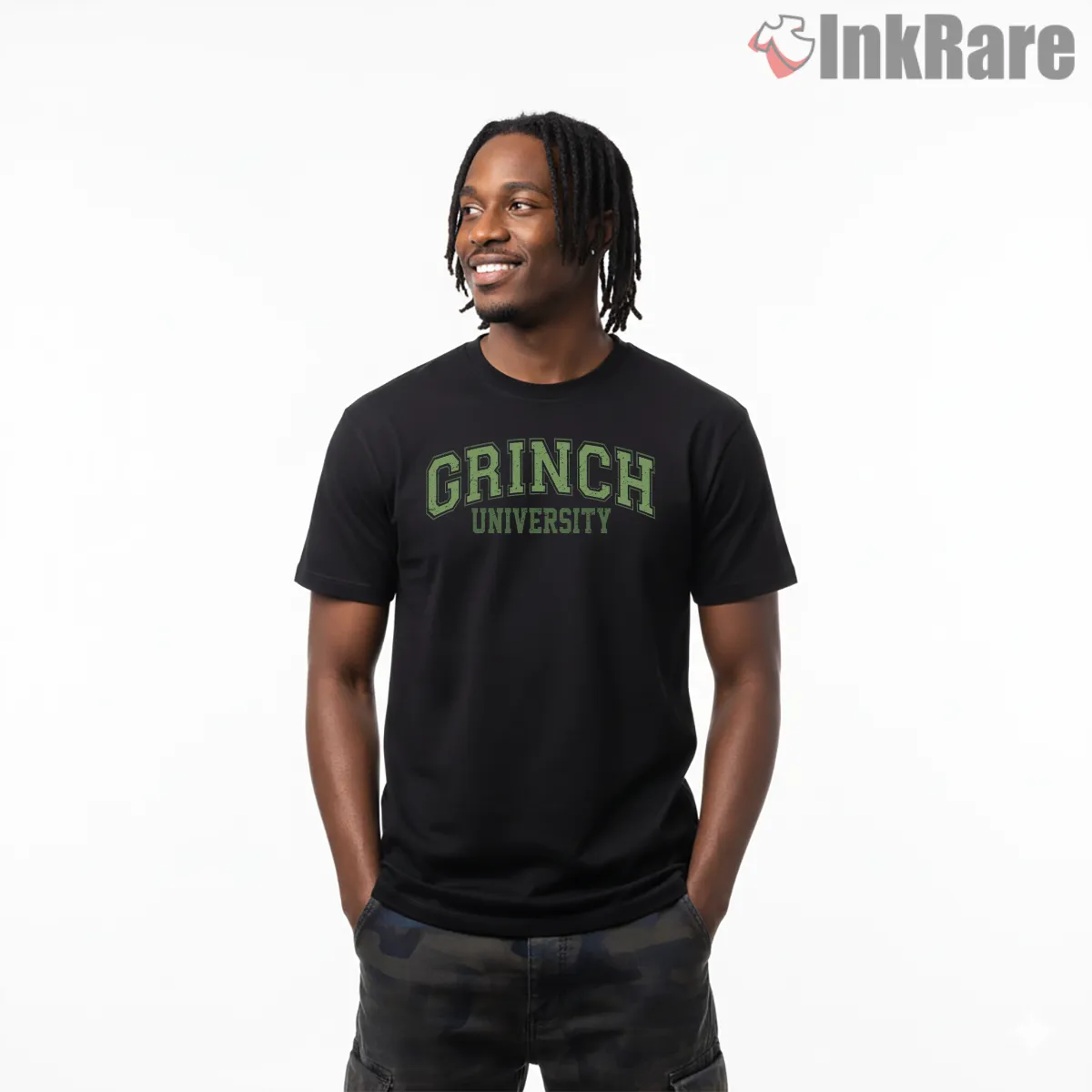 Pharmacy Crew Grinch University Christmas Shirt on black short sleeve shirt for men graphic tee