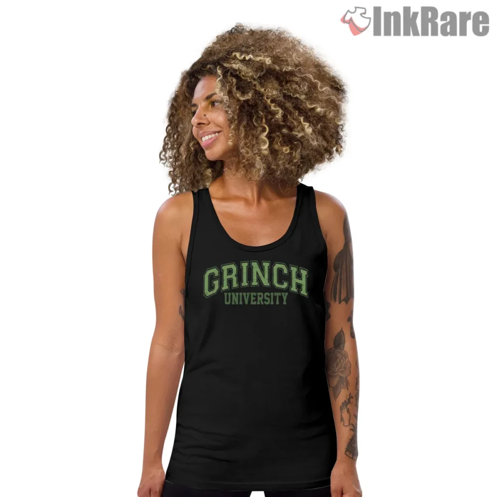 Pharmacy Crew Grinch University Christmas Shirt on black tank top for women graphic tee