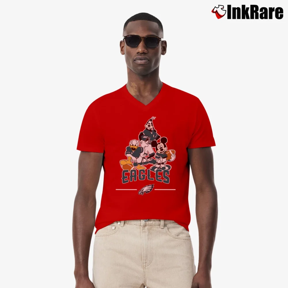Men’s Philadelphia Eagles Mickey Donald Goofy Fan V-Neck Tee in red | Sharp, Breathable, Everyday Staple