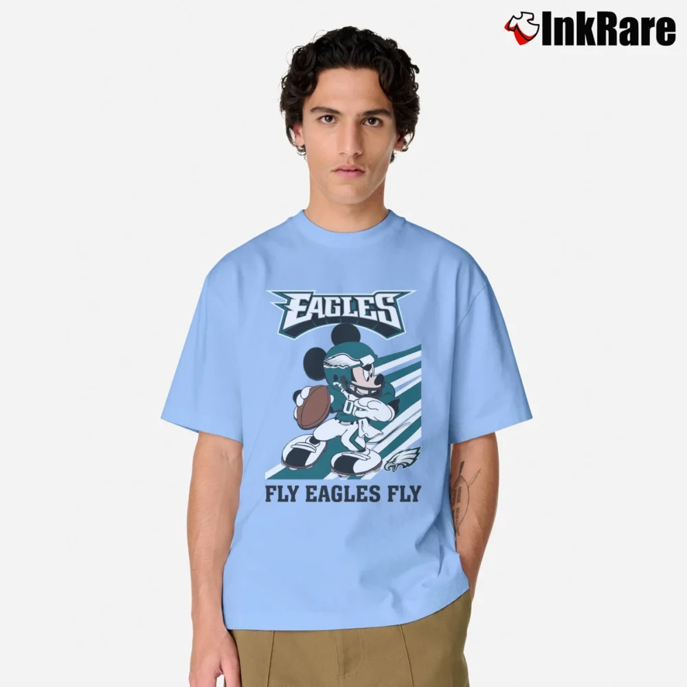 Men’s Philadelphia Eagles Mickey Mouse Fly Eagles Football Graphic Classic T-Shirt in light blue | Soft, Breathable Everyday Wear