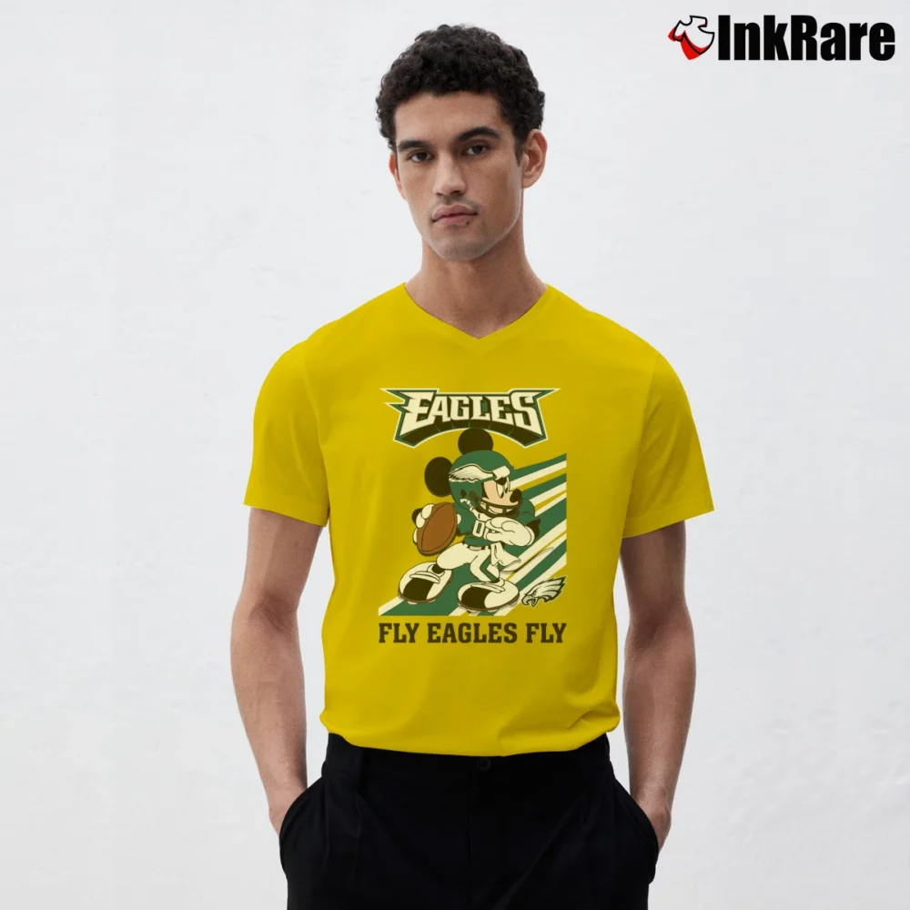 Men’s Philadelphia Eagles Mickey Mouse Fly Eagles Football Graphic V-Neck Tee in yellow | Sharp, Breathable, Everyday Staple