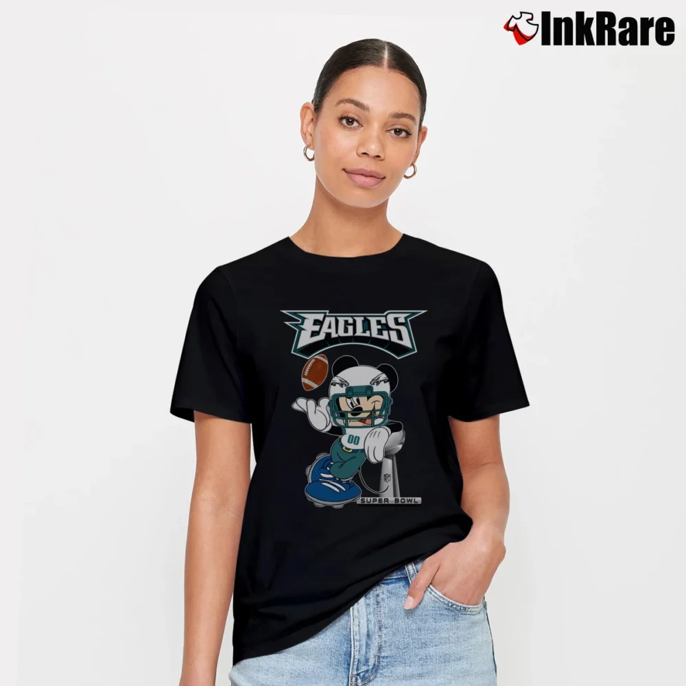 Women’s Philadelphia Eagles Mickey Mouse Super Bowl Football Signature T-Shirt in black | Soft, Flattering Fit