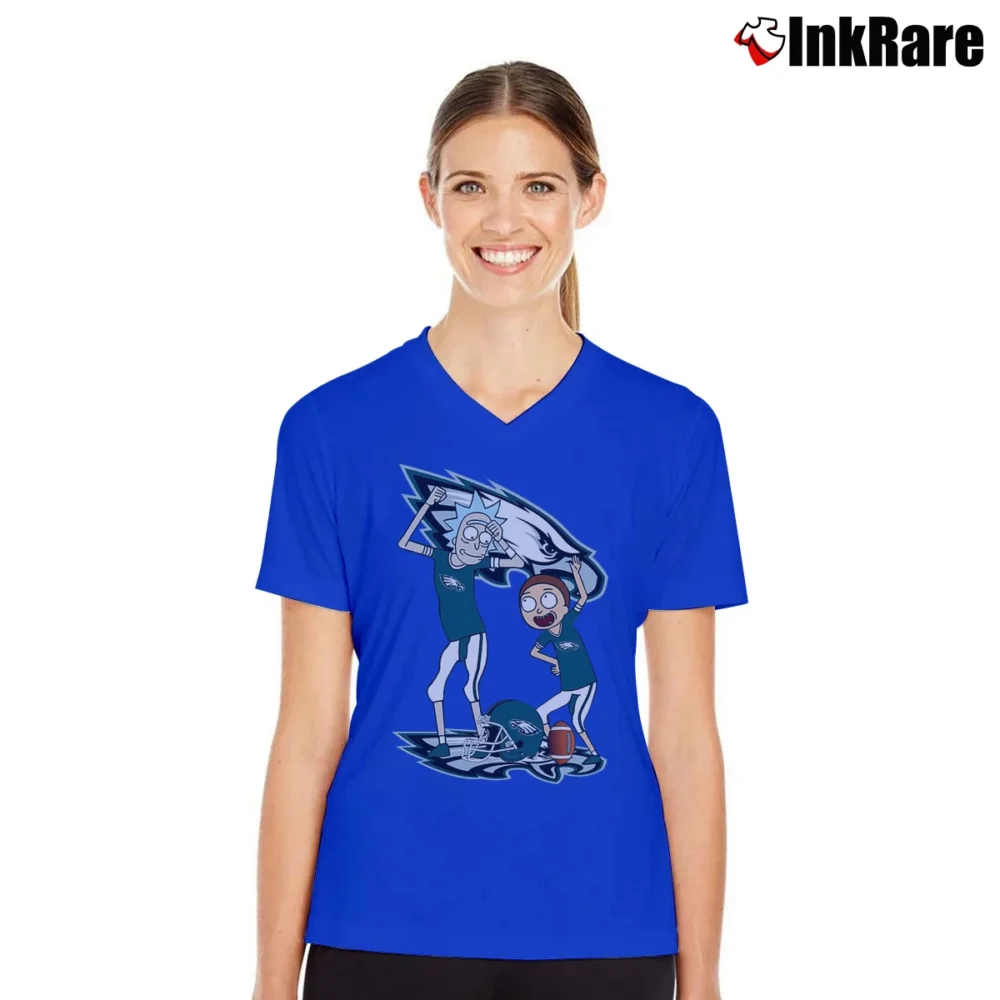 Women’s Philadelphia Eagles Rick And Morty Funny Football V-Neck Tee in royal blue | Chic Neckline, Soft Texture