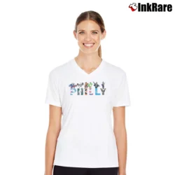 Women’s Philadelphia Phillies Eagles Flyers Sixers Sports V-Neck Tee in white | Chic Neckline, Soft Texture