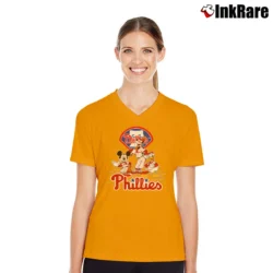 Women’s Philadelphia Phillies Mickey Donald Goofy Baseball V-Neck Tee in orange | Chic Neckline, Soft Texture