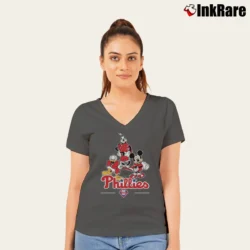 Women’s Philadelphia Phillies Mickey Donald Goofy Fan V-Neck Tee in charcoal | Chic Neckline, Soft Texture