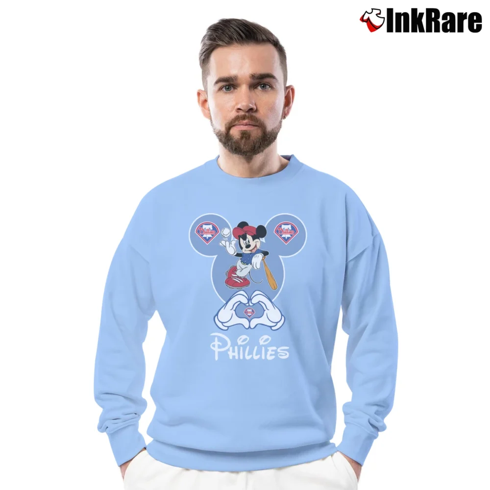 Men’s Philadelphia Phillies Mickey Mouse Baseball Fan Crewneck Sweatshirt in light blue | Cozy Fabric, Clean Style