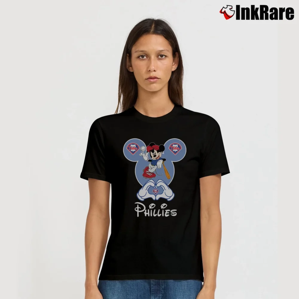 Women’s Philadelphia Phillies Mickey Mouse Baseball Fan Signature T-Shirt in black | Soft, Flattering Fit