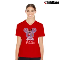 Women’s Philadelphia Phillies Mickey Mouse Baseball Fan V-Neck Tee in red | Chic Neckline, Soft Texture