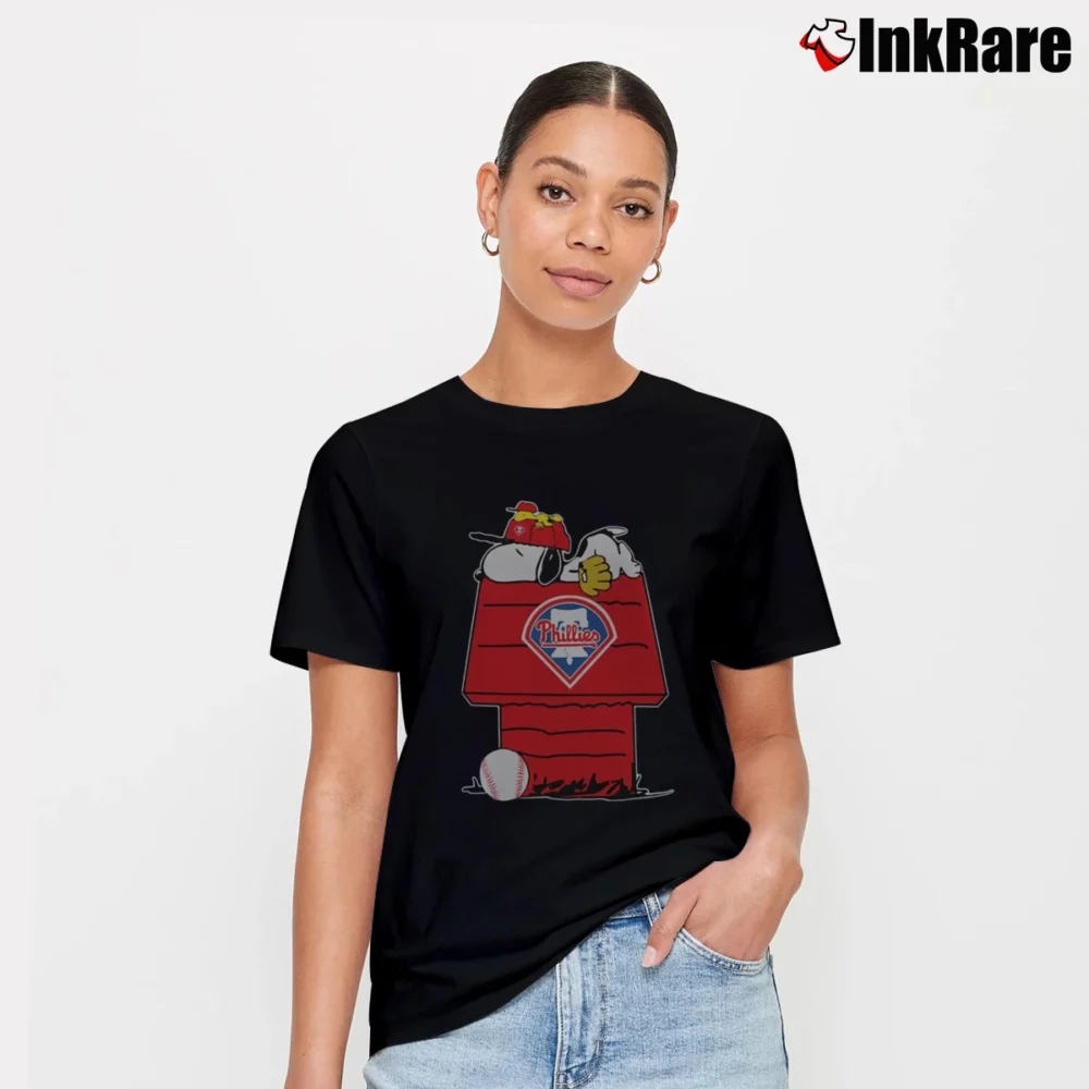 Women’s Philadelphia Phillies Snoopy And Woodstock Resting Together T-Shirt in black | Soft, Flattering Fit