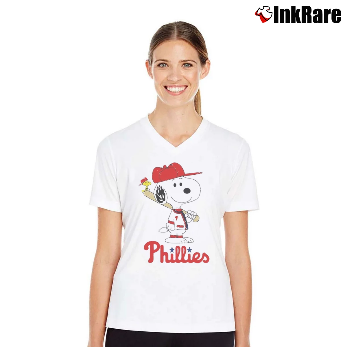 Philadelphia Phillies Snoopy Baseball Funny Cartoon Women’s V-Neck Tee in white – Flattering Fit Women’s Philadelphia Phillies Snoopy Baseball Funny Cartoon V-Neck Tee in white | Chic Neckline, Soft Texture