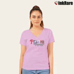 Women’s Philadelphia Sports Teams Phillies Eagles 76ers Flyers V-Neck Tee in light pink | Chic Neckline, Soft Texture