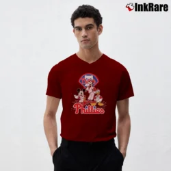 Men’s Phillies Mickey Donald Goofy Baseball Graphic V-Neck Tee in maroon | Sharp, Breathable, Everyday Staple