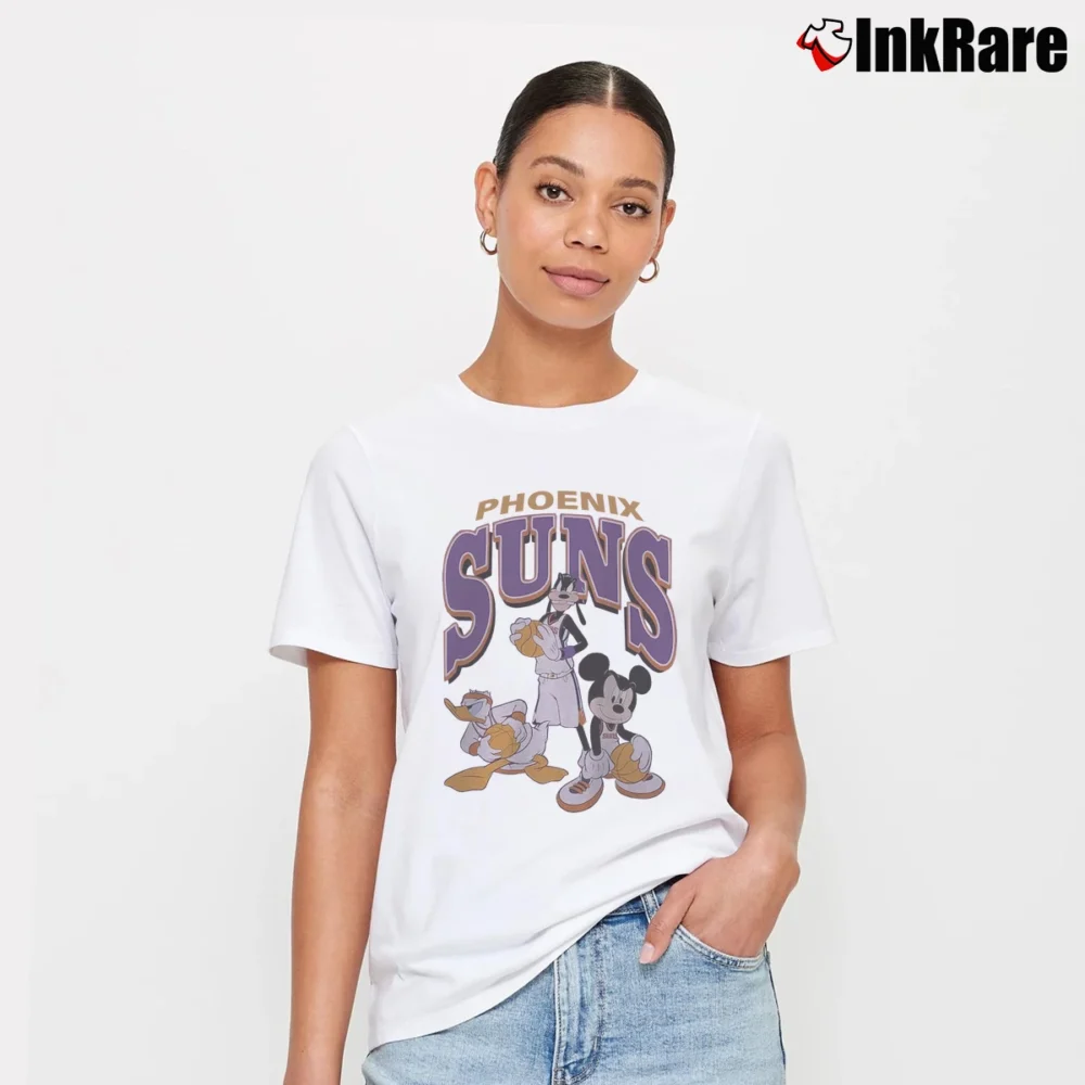 Women’s Phoenix Suns Mickey Mouse Basketball Squad Signature T-Shirt in white | Soft, Flattering Fit
